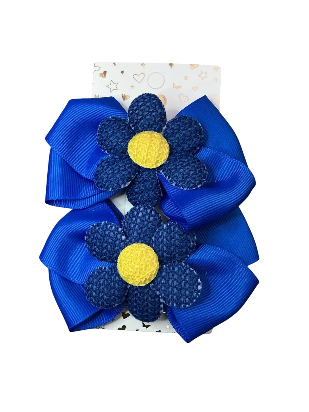 Blue Flower Bow Hair Clips Set of 2 New On Card